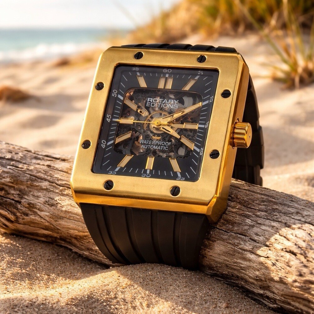 Rotary Edition Men's Automatic Skeleton Watch Gold Plated Square Tonneau Case